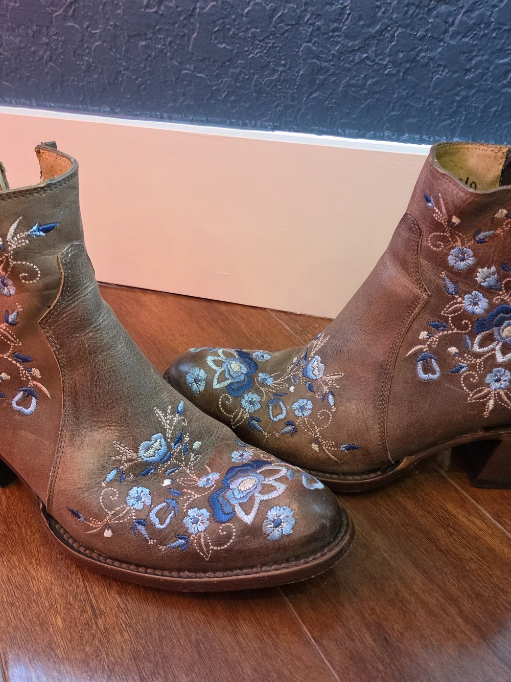 Shyanne Brown Ankle Boots with Blue Floral Embroidery - Picture 2 of 4